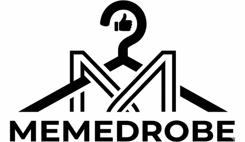 Logo of MEMEDROBE with a stylized hanger and thumbs-up icon on a white background