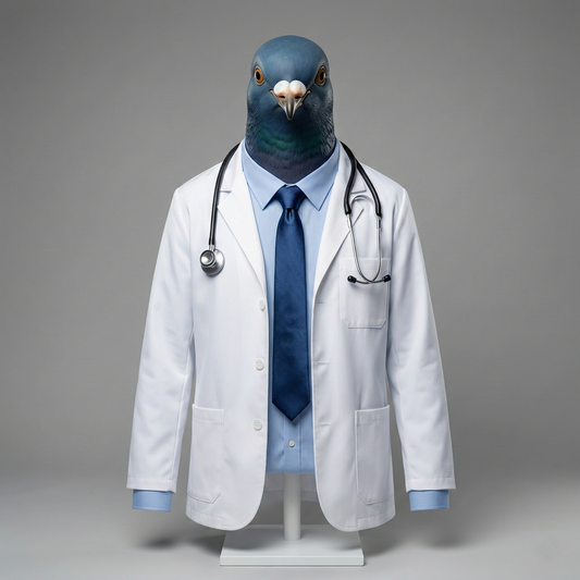 Pigeon wearing a white lab coat, blue tie, and stethoscope on a gray background