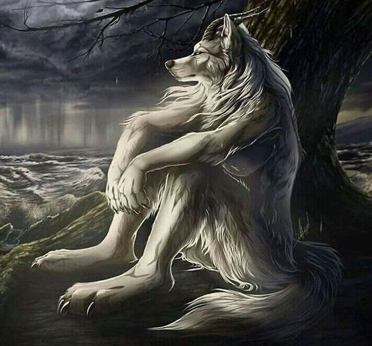 White wolf sitting by a tree with a dark, moody background