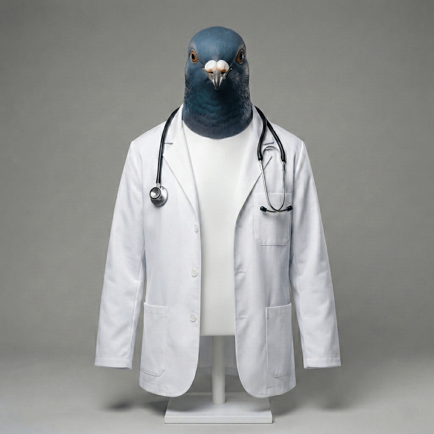 Pigeon wearing a white lab coat and stethoscope on a gray background