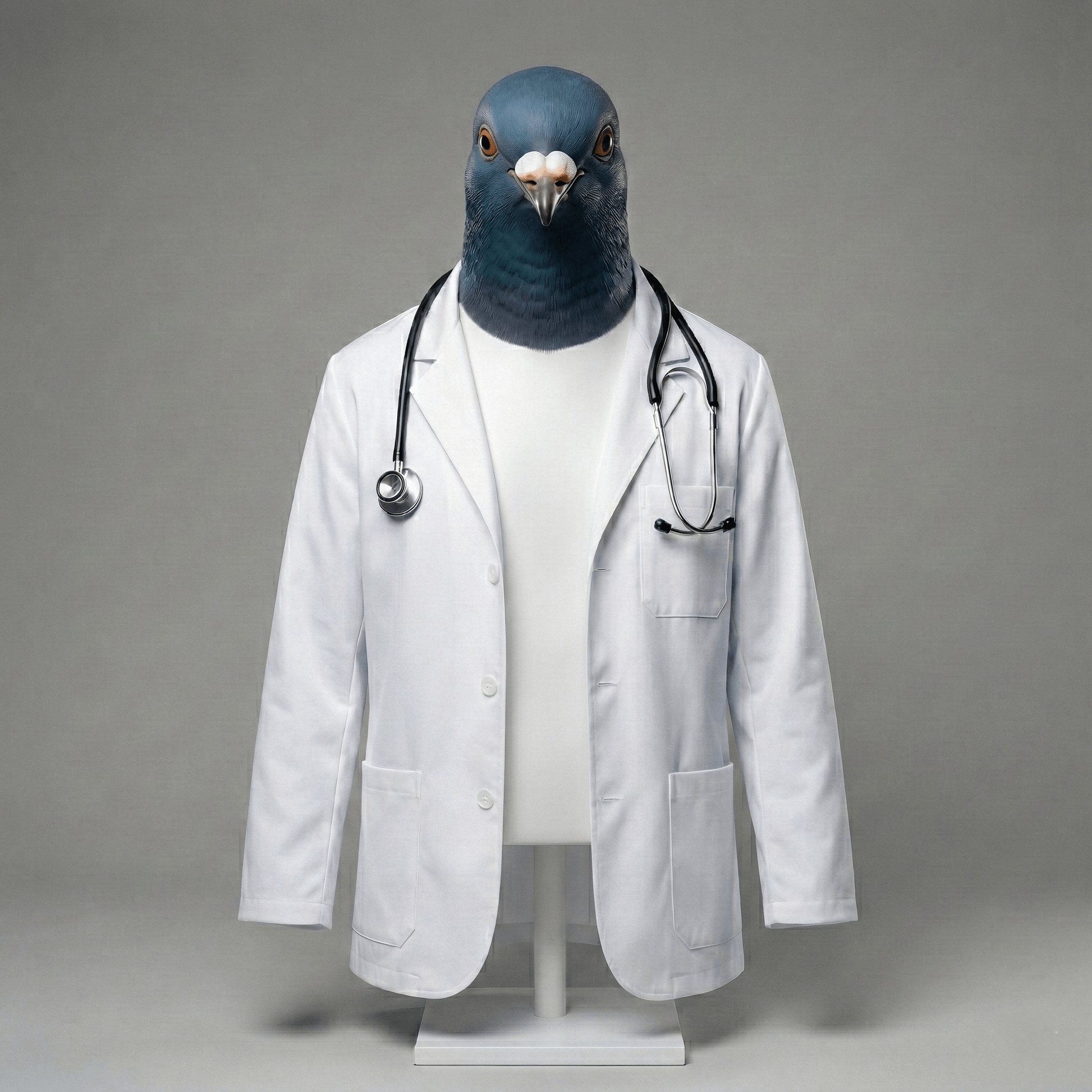 Pigeon wearing a white lab coat and stethoscope on a gray background