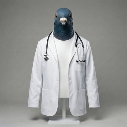 Pigeon wearing a white lab coat and stethoscope on a gray background